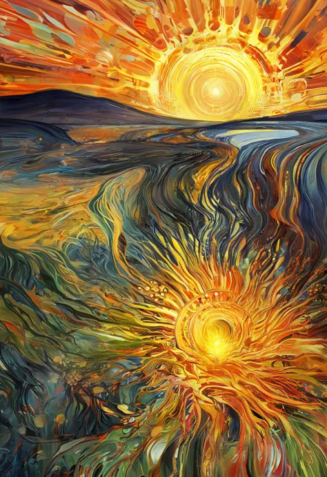 Edvard Munch style oil painting, psychedelic art (drdjns style), a man has become obsessed with the sun, now photonic energy is ...