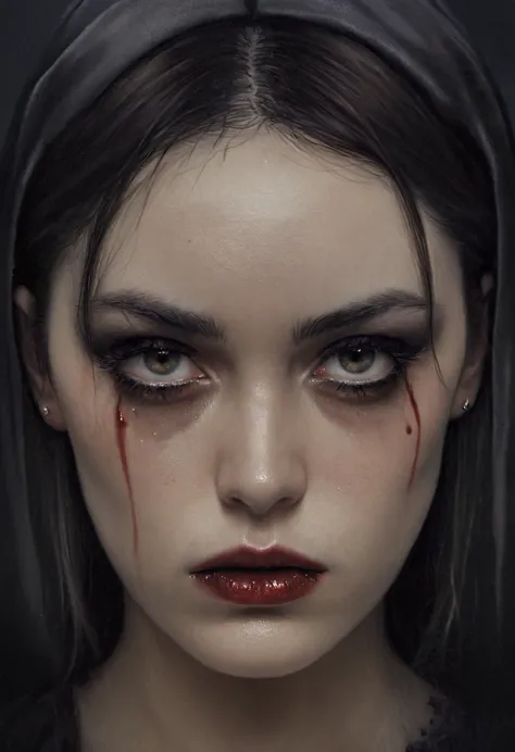 Hyperreal art (mkdrgs style), traditional painting hyperrealistic, a beautiful woman with a saddened expression, there is a dark...