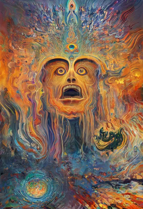 Edvard Munch style oil painting, psychedelic art (drdjns style), a Tibetan Monk has reached the deepest level of Nirvana and pierced the veil of Maya, the illusion is dissolving into pure luminosity, 8k, hdr, masterpiece