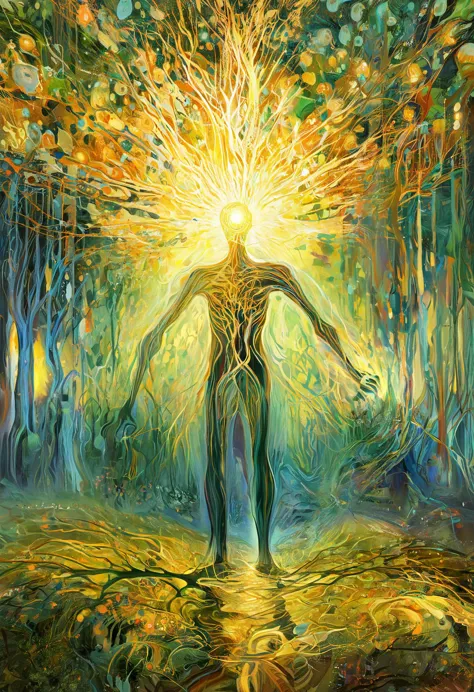 Edvard Munch style oil painting, psychedelic art (drdjns style), a person is merging with a tree of light, 8k, hdr, masterpiece