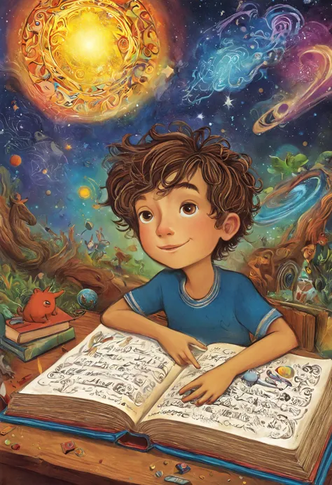Psychedelic art (drdjns style), (childrens_book_illustration style), a young boy is daydreaming at school, imagining all sorts o...