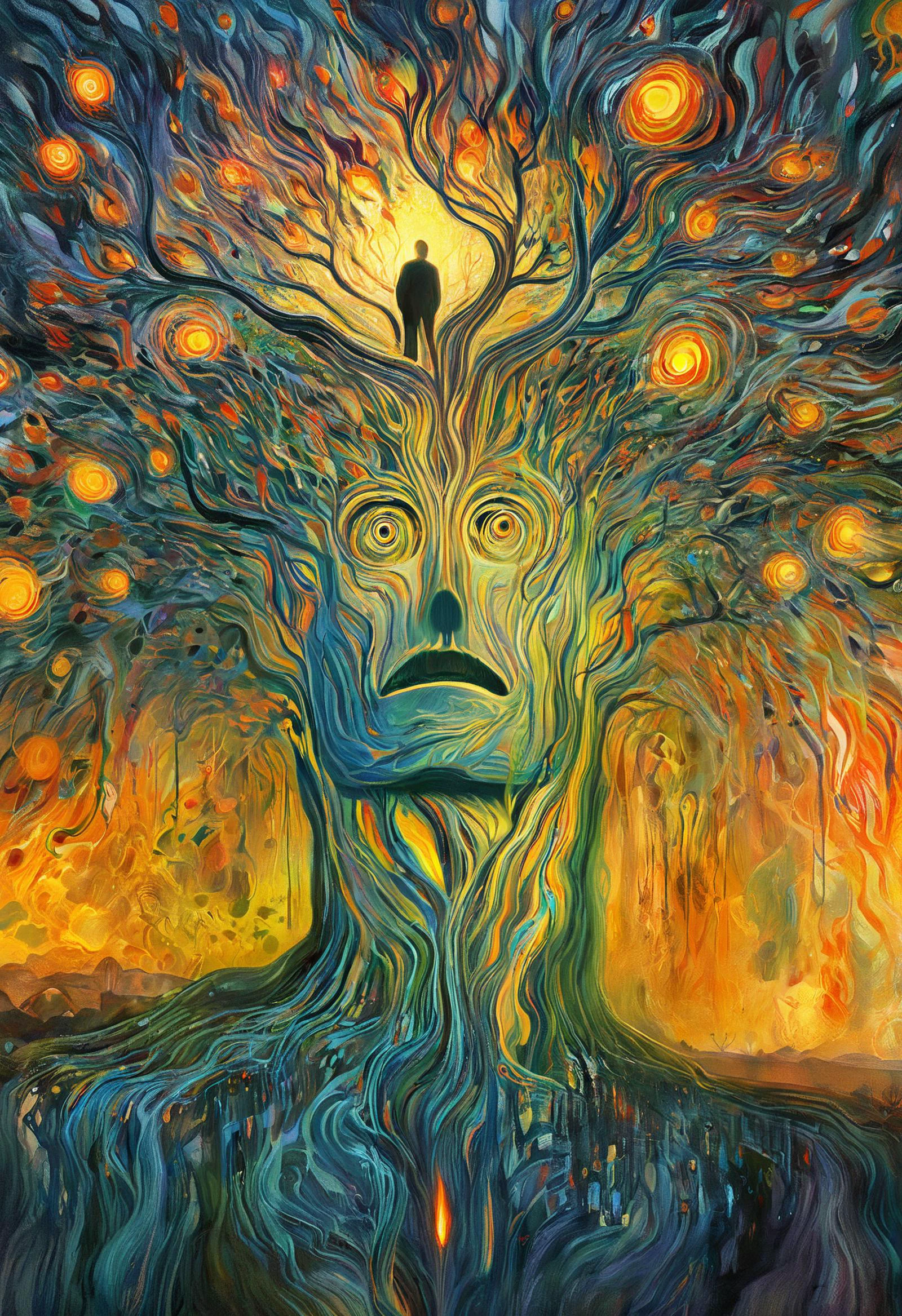 エドヴァルド・ムンク風の油絵, サイケデリックアート (drdjnsスタイル), 男は心の奥底から光を放つ木を思い描いている, 8k, 高解像度, 傑作