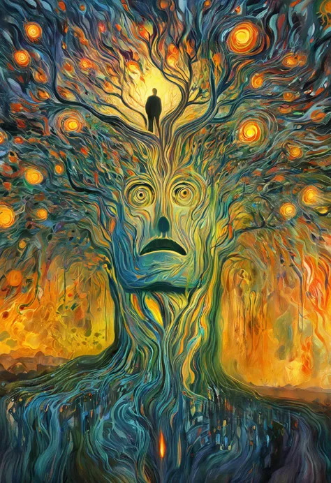 Edvard Munch style oil painting, psychedelic art (drdjns style), a man is picturing a tree that emits light deep inside his mind...