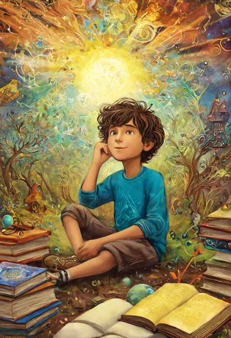 Psychedelic art (drdjns style), (childrens_book_illustration style), a young boy is daydreaming at school, imagining all sorts o...