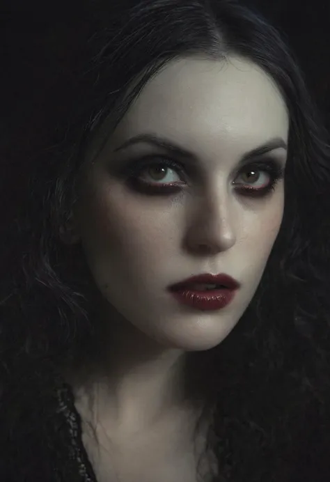 a close up of a woman with long black hair and a dark makeup