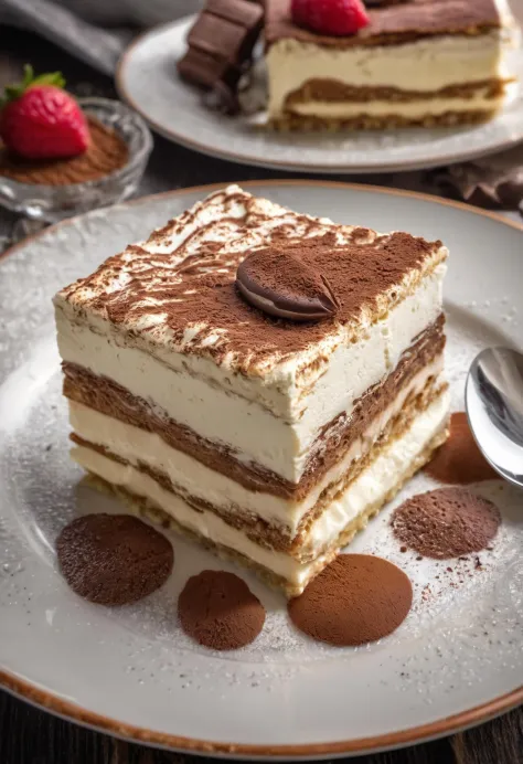 RAW Photograph, a plate with the most delicious tiramisu, intricate detailing, raytracing, HDR, 35mm, masterpiece, 8k, amazing c...