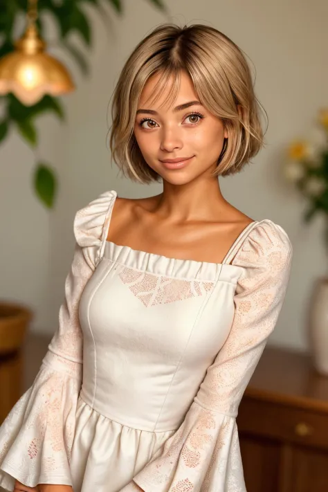 (bio art style, organic, cellular, microscopic, detailed:1.15), upper body <lora:sd15_FranceskaFournier_v2:.9> FranceskaFournier glamour photography young invisible makeup, focus on smiling face, wearing a bell sleeve dress , her hair is styled as french bob hair,