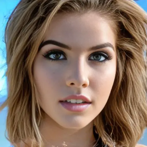 adorable face, piercing eyes, breathing mouth, looking straight, (extreme closeup:1.3), 25 year old woman, glam makeup, (wearing a tanktop:0.1), (windblown hair:0.1), Mediterranean sea in the background