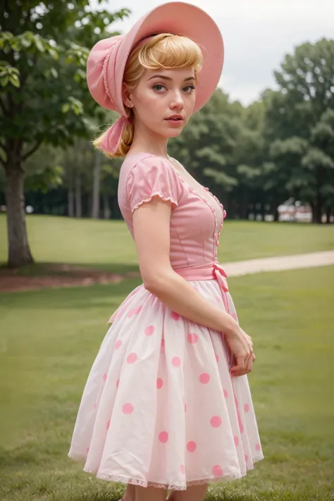 photo of a beautiful woman, (skinny:1.2), fit, detailed hair, detailed face, beautiful eyes,
((pink dress, long skirt, polka dot...