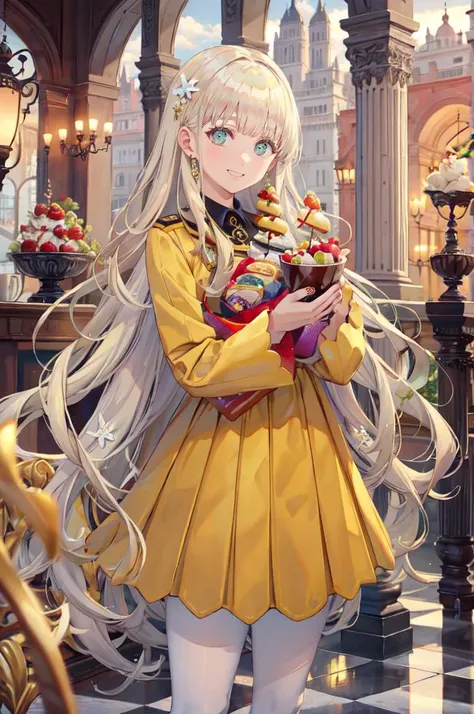 smile, holding food, lots of food, <lora:zs_Rei:1> reipq, green eyes, blonde hair, very long hair, hair ornament, yellow uniform, grey skirt, white pantyhose, cowboy shot,  <lora:TorinoV71:1>, absurdres, ultra detailed, masterpiece, best quality, aesthetic, detailed,