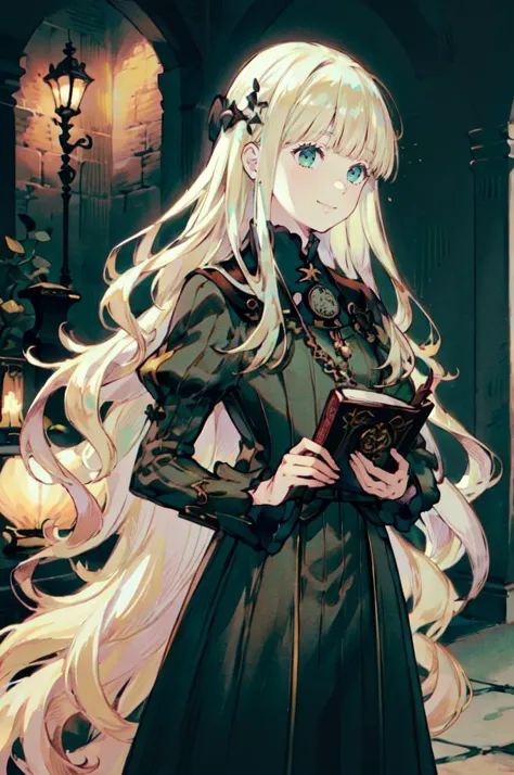 smile, holding book, holding pocket watch,  <lora:zs_Rei:1> reipq, green eyes, blonde hair, very long hair, hair ornament,  <lora:BravelyDefault:1> Bravely Default Style,, absurdres, ultra detailed, masterpiece, best quality, aesthetic, detailed,