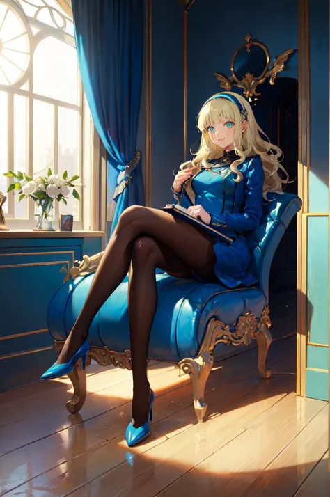 smile, holding book, holding pocket watch,  <lora:zs_Rei:1> reipq, green eyes, blonde hair, very long hair, hair ornament,  <lora:Velvet-Room-F-OutfitV2_Fp:0.9> velvetfoutfitv2, pantyhose, hairband, (blue room, blue chaise longue:1.3),, absurdres, ultra detailed, masterpiece, best quality, aesthetic, detailed,