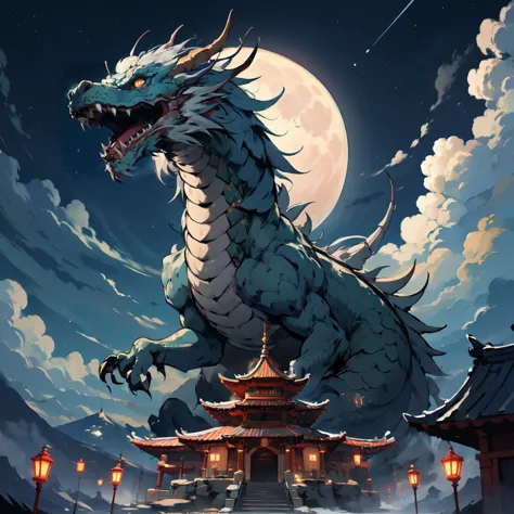 a dragon statue in front of a building with a full moon in the background