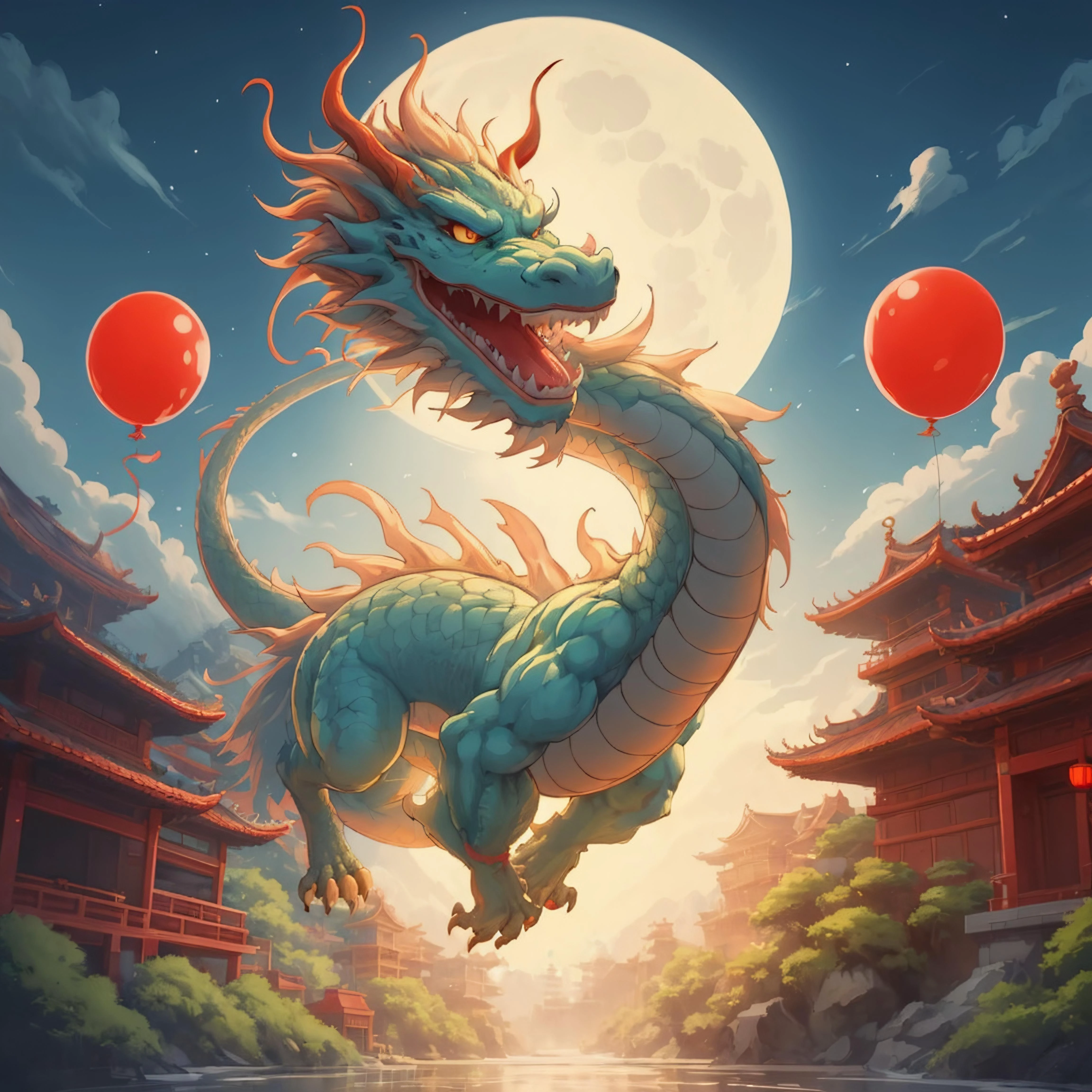 a dragon, with paws, body dragon, (temple:1.1), bright,  tail, moon festival,  balloons, night, moon glow, anime, design, studio ghibli
