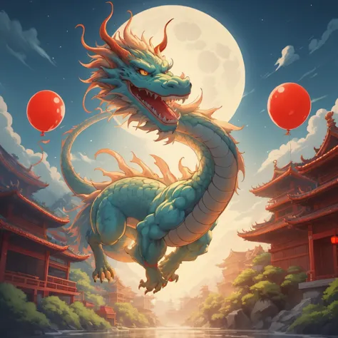 <lora:DragonsTemple:0.5>, a dragon, with paws, body dragon, (temple:1.1), bright,  tail, moon festival, party balloons, night, m...