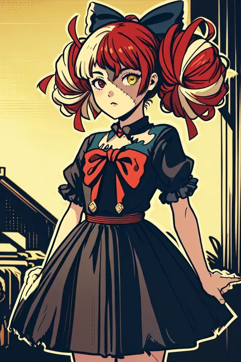 best quality, intricate details,
 <lora:kureijiOllieHololive4_v3:0.8> zombie, patchwork skin, heterochromia, red eyes, yellow eyes, kureiji ollie, double bun, torn dress, red bow, hair bow, 
 <lora:vintageStyle_v10:0.8> cowboy shot, looking at viewer,