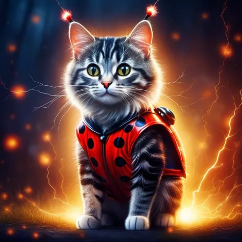lighting_thunder,electricity,lighting,glowing, animal, cat wearing a ladybug costumec, digital storybook illustration, textured ...