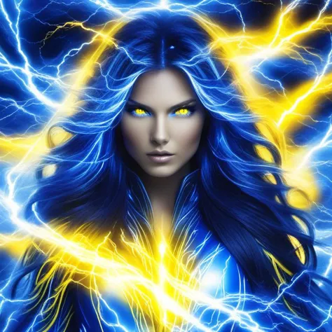 lighting_thunder, 1girl,solo,long hair,(yellow eyes:1.1),blue and yellow theme 