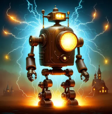 lighting_thunder,<lora:electricity:1>, steampunk robot happy Funny cartoonish, by Gediminas Pranckevicius