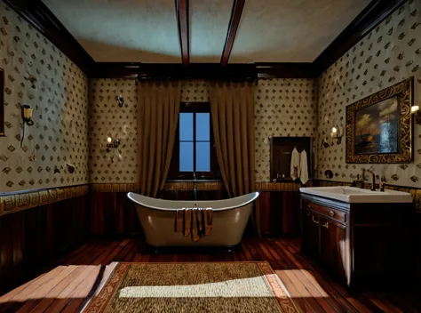 there is a bathtub in a bathroom with a rug on the floor