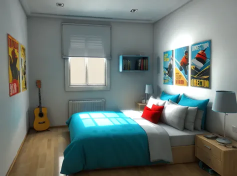 there is a bed with a blue comforter and a guitar on the nightstand