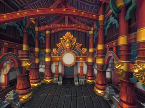 a close up of a room with a clock and columns