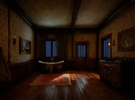 there is a bathtub in a dimly lit room with a rug