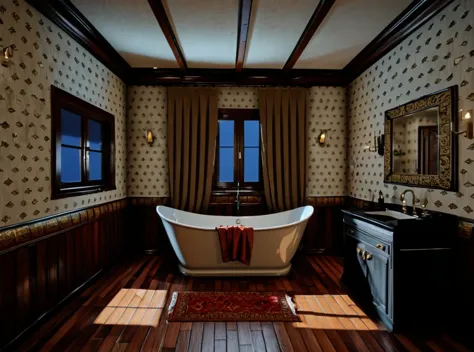 there is a bathtub in a bathroom with a wooden floor