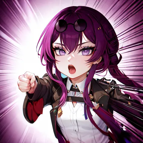 anime girl with purple hair and glasses pointing at something