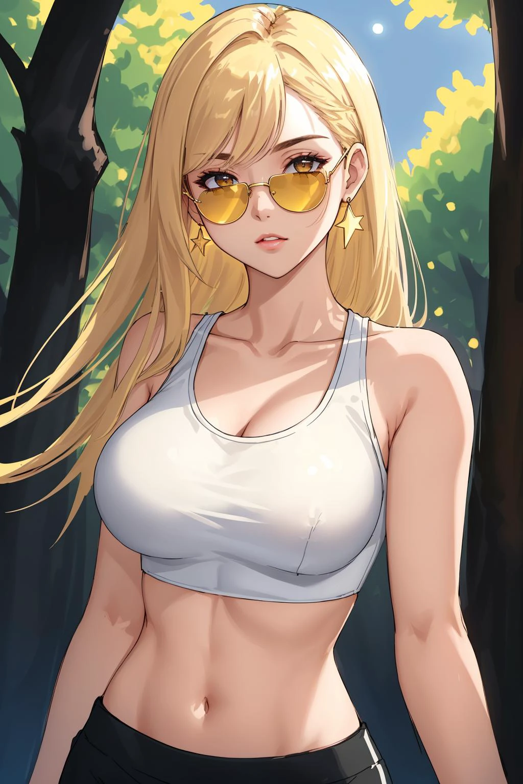 woman, upper body, fcPortrait, midriff, crop top, toned, large breasts, from_above, crop top, detailed face, yellow bodycon tank top, hair, park, sky, trees, pale skin, moonlight, stars, 1girl, statement sunglasses, woman,, vivid colors, bokeh background, subject for emphasis,dramatic colors,