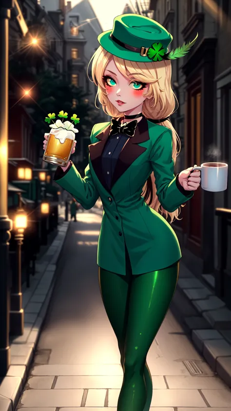 a woman in a green suit and hat holding a cup of coffee