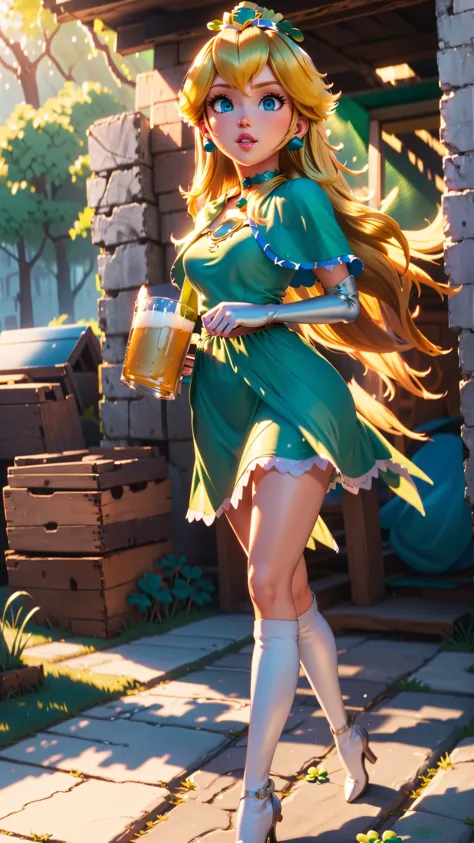 a woman in a green dress holding a beer and a sword