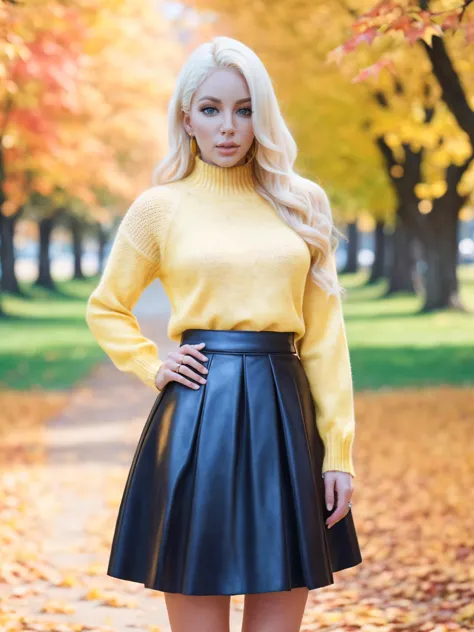 nicshea, a photo of a beautiful woman, (knitted jumper, long leather skirt:1.2), long perfect blonde hair, (city park, autumn:1....