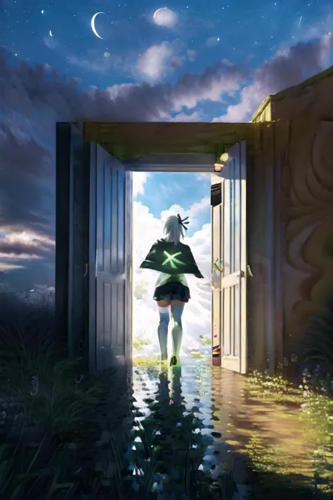 Highly detailed, High Quality, Masterpiece, beautiful, 1girl, doors, <lora:Pos_Doors:1>, light behind doors, sky, out door, cloud, moon, stars, xbox-chan, ponytail, green hair ribbon, clothing cutout, stomach cutout, cape, thighhighs, gloves, <lora:Char_Meme_Xboxchan:0.9>, white hair, starry, strry light, night, colorful, cloud, star \(sky\), <lora:Style_LightCoatCG:1>, from from behind, touching door, going thorugh door