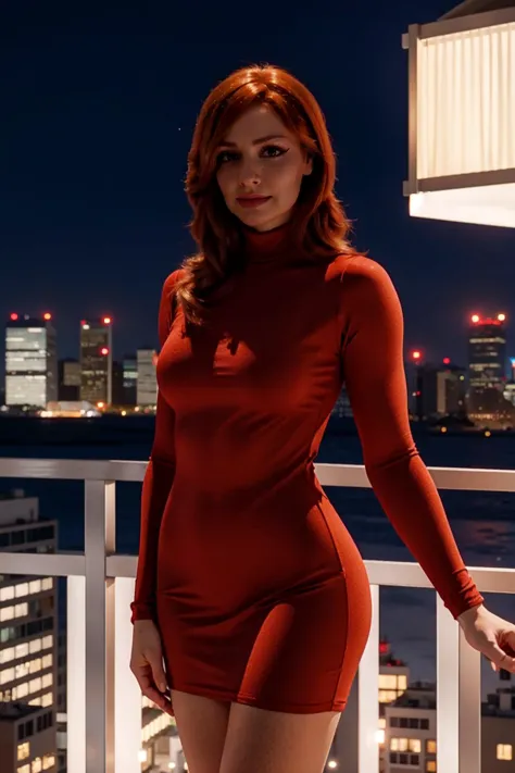 <lora:mondongo_LoRA_CristinaCastanho_v3:1> mndngwmn, redhead, wearing a turtleneck bodycon dress, on a balcony at night with cit...