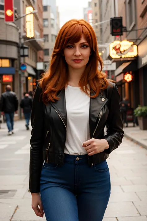 <lora:mondongo_LoRA_CristinaCastanho_v3:1> mndngwmn, redhead:0.5, bangs, wearing a leather black jacket, jeans, on a city downto...