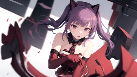 anime girl with purple hair and black gloves in a red dress