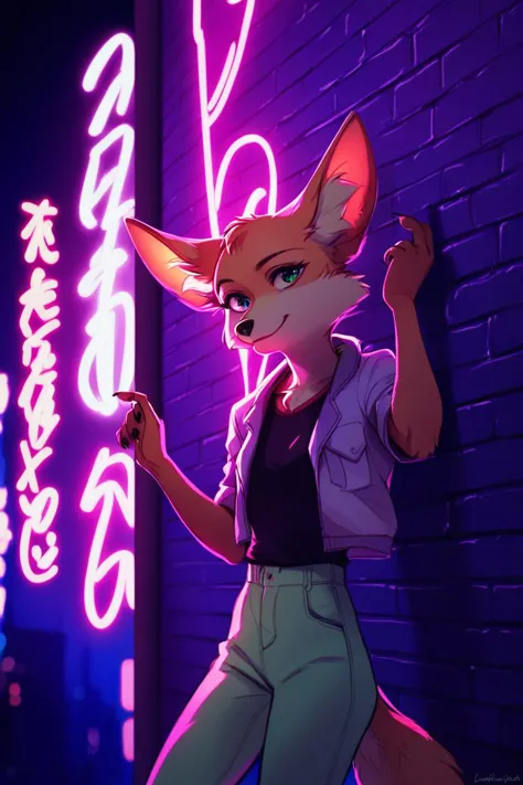 a cartoon fox with a neon sign in the background