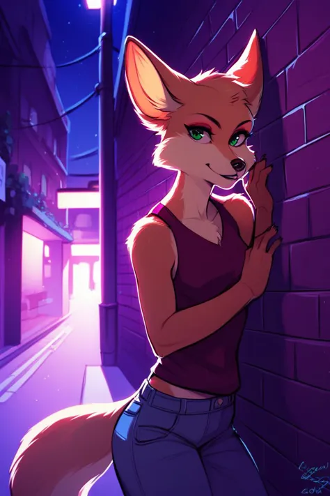 a cartoon fox with green eyes leaning against a brick wall