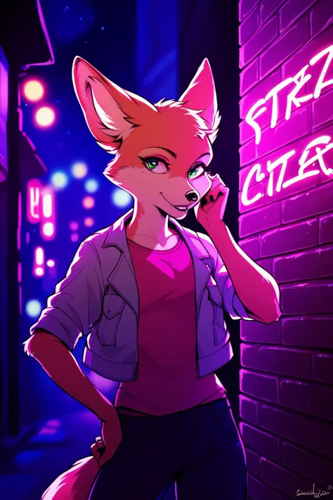 score_9, score_8_up, score_7_up, 1girl, solo, Fara phoenix, furry, night time, street, leaning on wall, casual clothes, neon lights, <lora:Fara_Phoenix_Starfox:1>