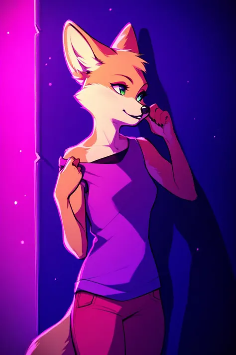 a cartoon fox with green eyes and a purple shirt