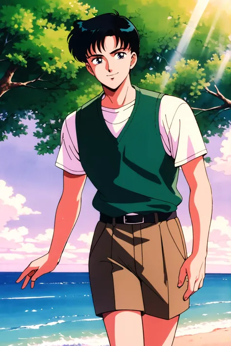 masterpiece,best quality,highres,Chiba Mamoru,1boy,black hair,blue,solo,retro artstyle,short hair,1990s \(style\),looking at viewer,ocean,tree,smile,shorts,vest,walking,sunlight,