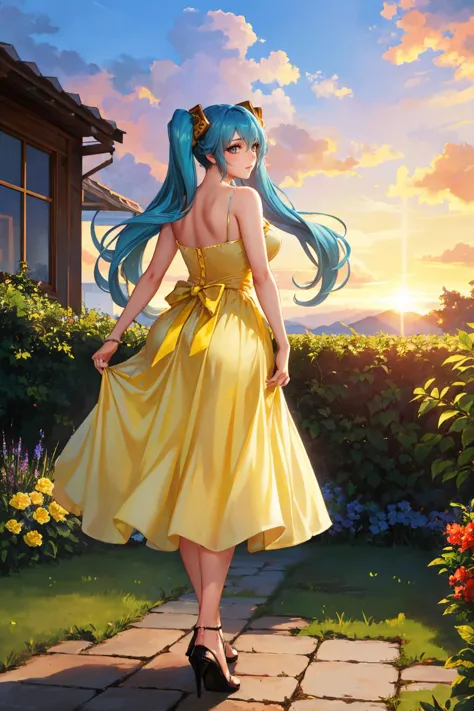 masterpiece, best quality, <lora:sona-nvwls-v1-000009:1> defSona, aqua hair, twintails, hair ornaments, from behind, (yellow sun...