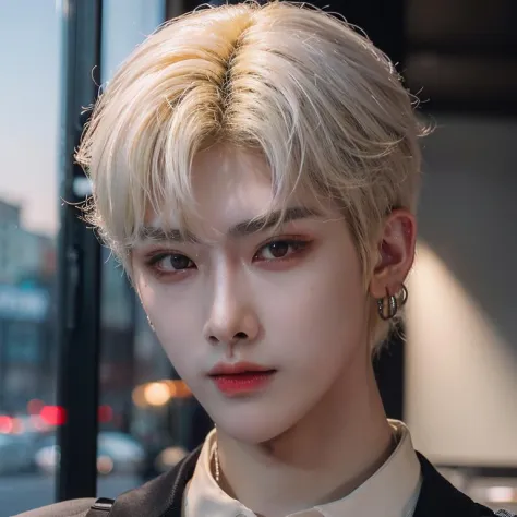 Masterpiece, best quality, realistic, 1boy, solo, male focus, jewelry, earrings, ricky, blonde hair, short hair, brown eyes, RAW photo, (high detailed skin:1.2), 8k uhd, dslr, soft lighting, high quality, film grain, Fujifilm XT3,  <lora:rickyv1_ghotilafish:1>