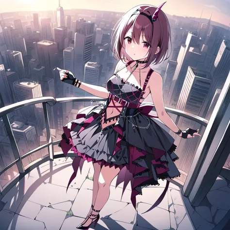 (masterpiece),ibukinagisa,1girl,valenlove dress,valenlove skirt,fingerless gloves,valenlove choker,valenlove high heels,fake demon horns,<lora:ibukinagisa:0.85>,outdoor,city,cinematic_angle,