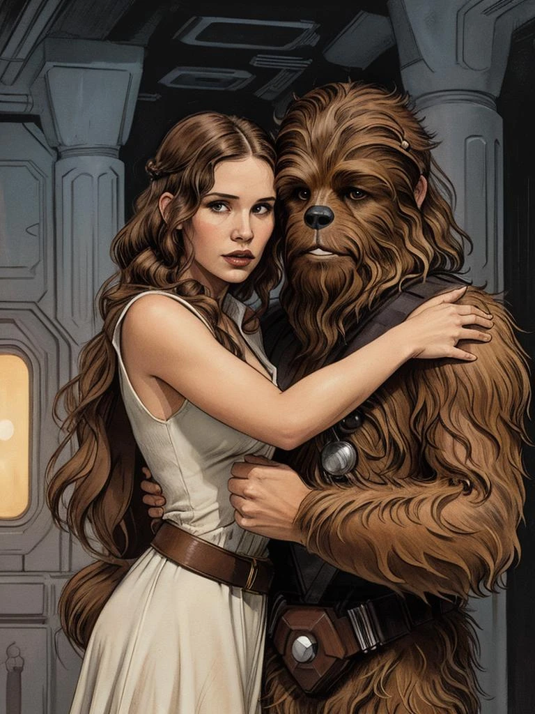 realistische Darstellung, Prinzessin Leia umarmt Chewbacca mit haarigem Gesicht, filmisch