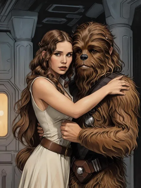 realistic illustration, Leia princess hugs a hairy face Chewbacca, cinematic