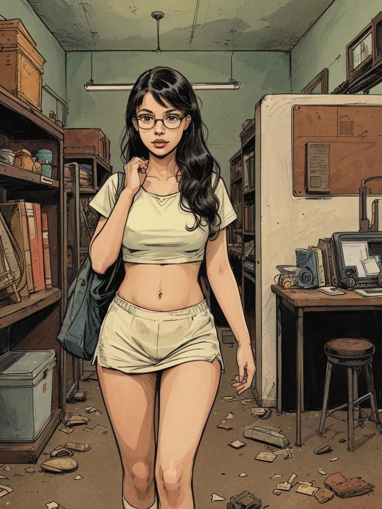 menina nerd, ilustração, quarto abandonado, fundo detalhado