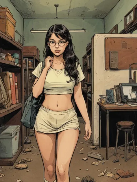 nerdy girl, illustration, disused room, detailed background