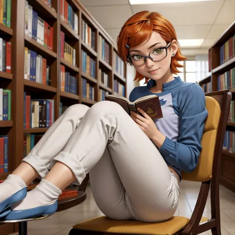 <lora:claasicgwen:0.9> claasicgwen sitting at a table in a library reading a book wearing glasses